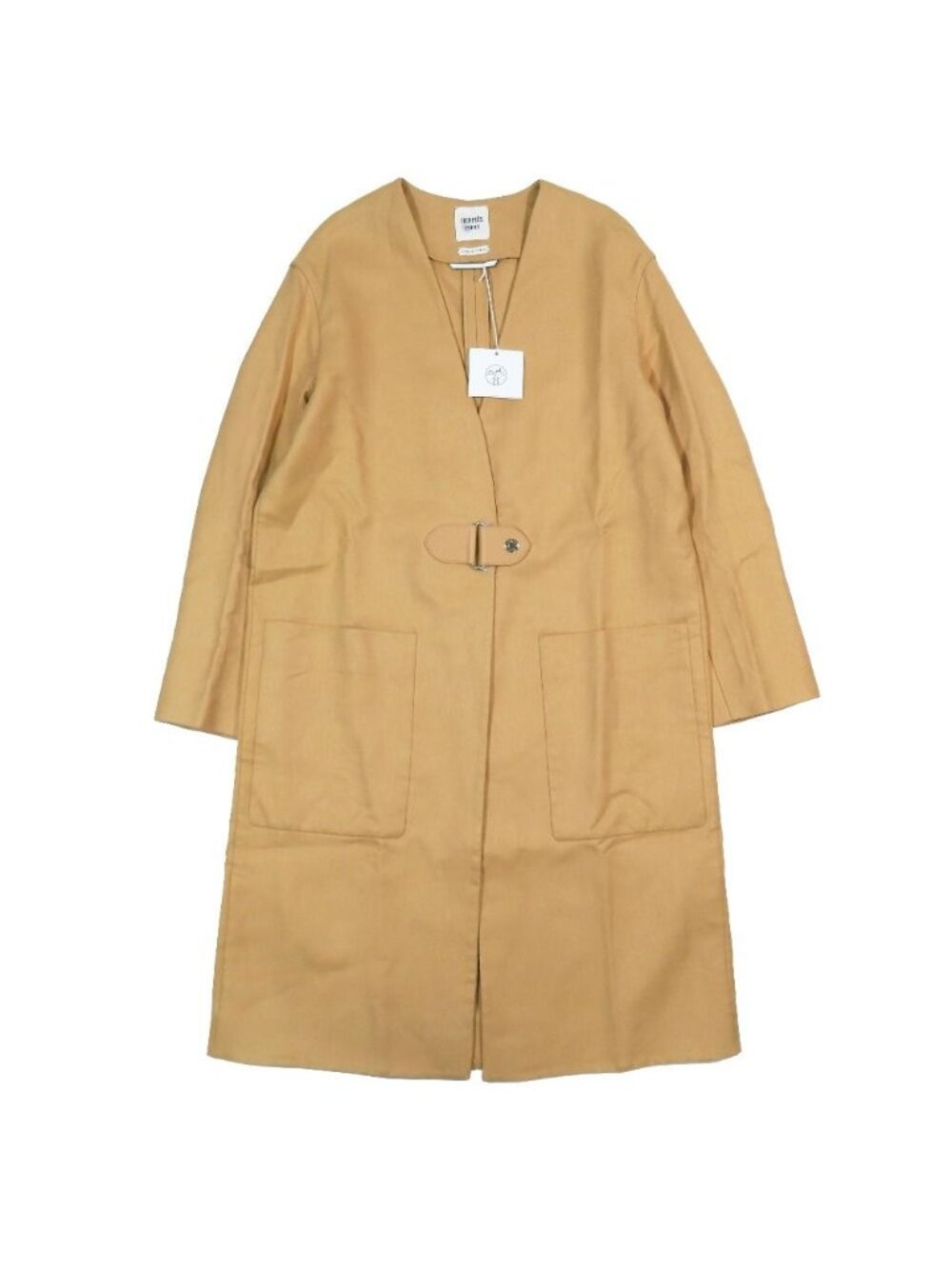 Hermes Linen Collarless Coat Long Sellier Buttons Outer Leather Belt 38